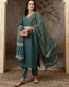 Meher Floral Printed Mirror Work Pure Cotton Straight Kurta Set with Trousers & Dupatta