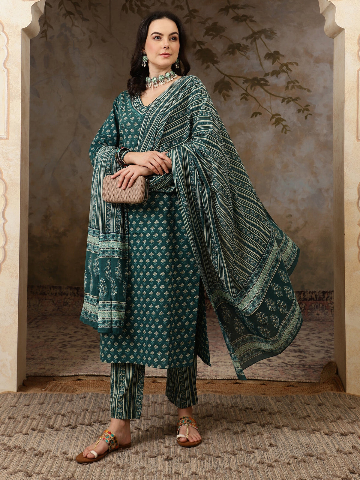 Meher Floral Printed Mirror Work Pure Cotton Straight Kurta Set with Trousers & Dupatta
