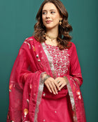 Aurora Thread Floral Embroidered Round-Neck Straight Kurta With Trousers & Dupatta