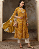 Sunehri Raag Bandhani Printed Pure Cotton Anarkali Kurta Set with Dupatta