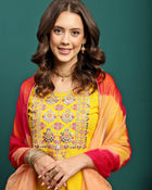 Golden Thread Embroidered Round-Neck Straight Kurta With Trousers & Dupatta
