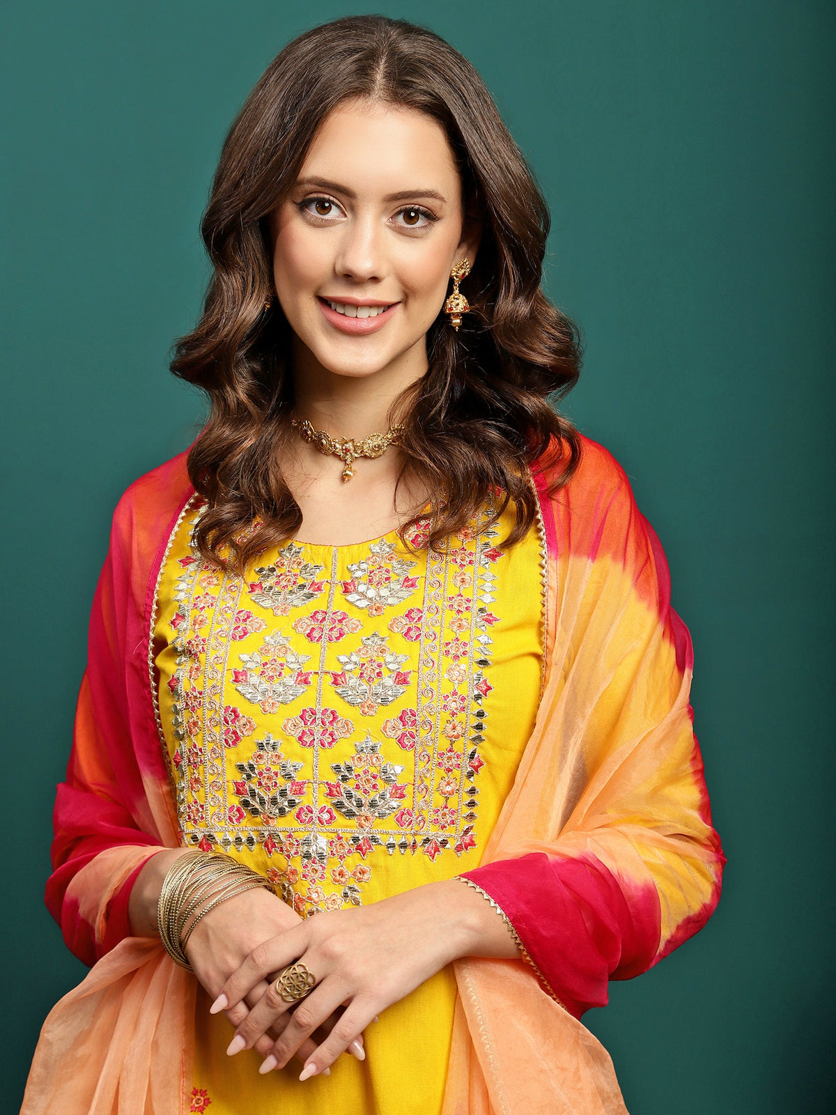 Golden Thread Embroidered Round-Neck Straight Kurta With Trousers & Dupatta