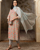 Neelika Floral Printed Blue Cotton Kurta with Trousers & Dupatta