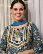 Aqua Bloom Turquoise Cotton Printed Kurta Pant with Dupatta Set Ethnic Wear for Women