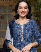 Sapphire Bloom Blue Cotton Printed Kurta Pant with Dupatta Set Ethnic Wear for Women