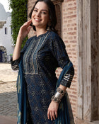 Sky Sonata Floral Printed Kurta Pant Dupatta Set