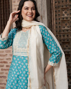 Ocean Mist Turquoise Cotton Printed Kurta Pant with Dupatta Set  Ethnic Wear for Women