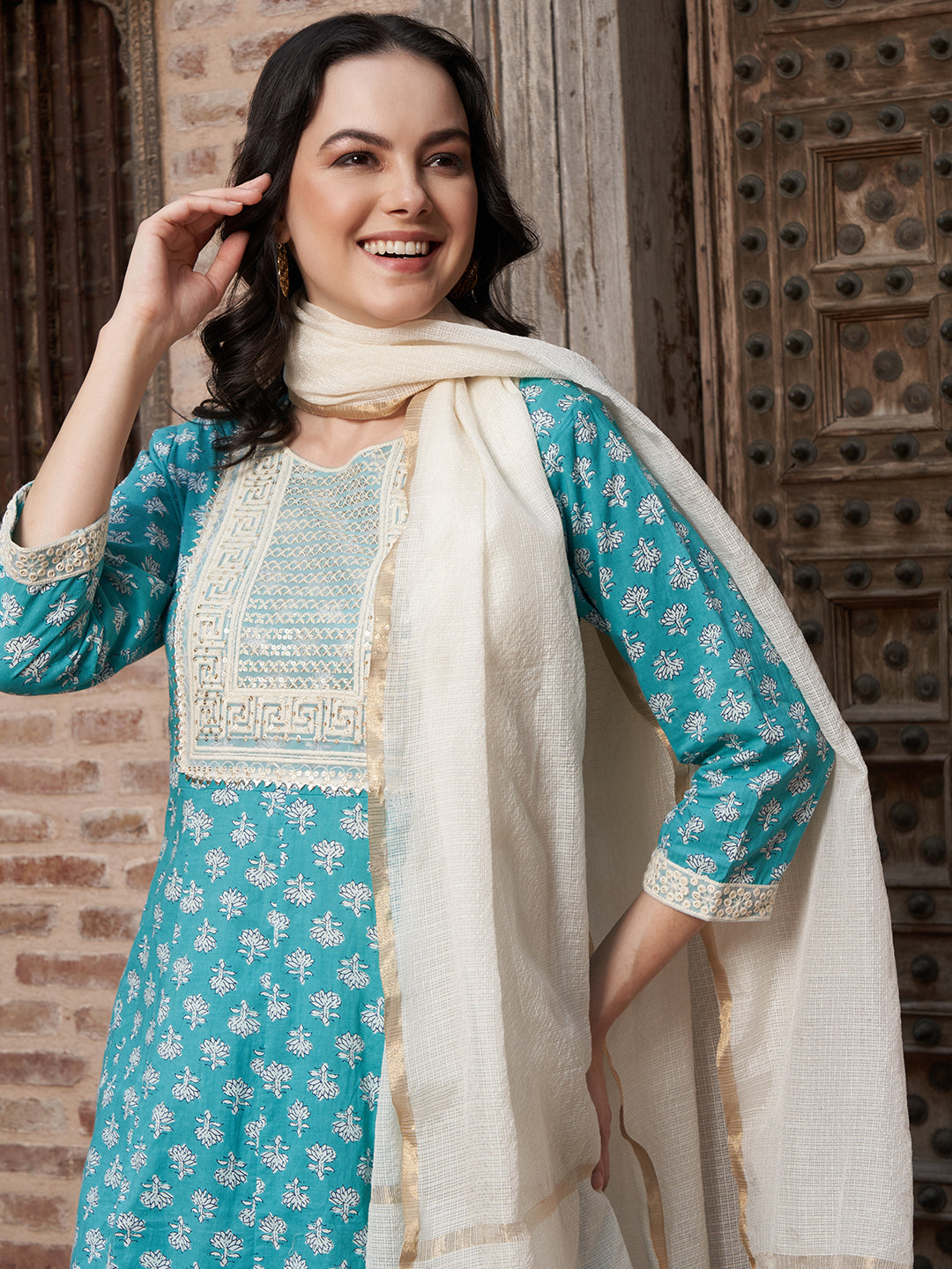 Ocean Mist Turquoise Cotton Printed Kurta Pant with Dupatta Set  Ethnic Wear for Women