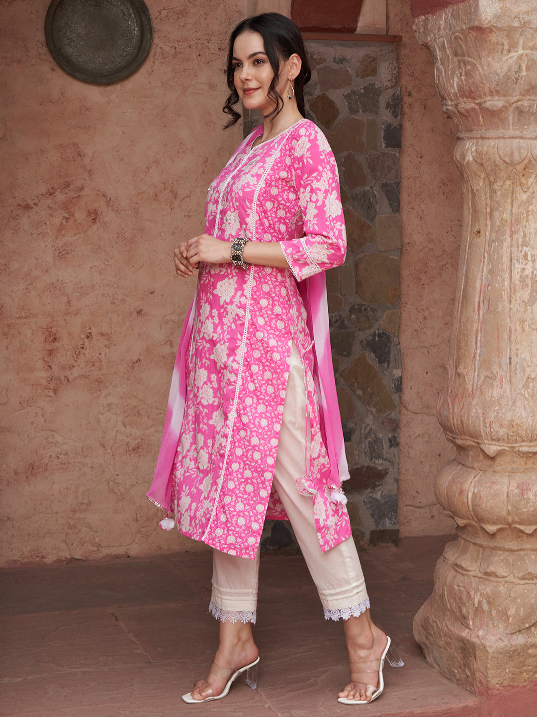 Ethnic Motifs Printed Sequined Pure Cotton Kurta with Trousers & Dupatta