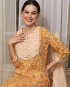 Saffron Spring Yellow Floral Printed Cotton Kurta Pant with Dupatta Set Ethnic Wear for Women