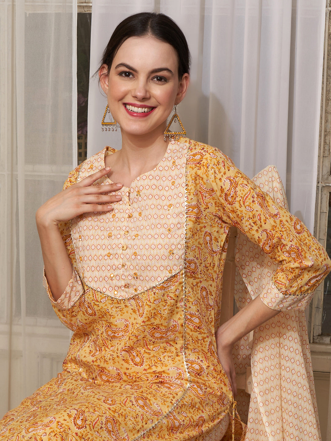 Saffron Spring Yellow Floral Printed Cotton Kurta Pant with Dupatta Set Ethnic Wear for Women