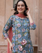 Blue Floral Gotta Patti Kurta Set – Cotton with Dupatta