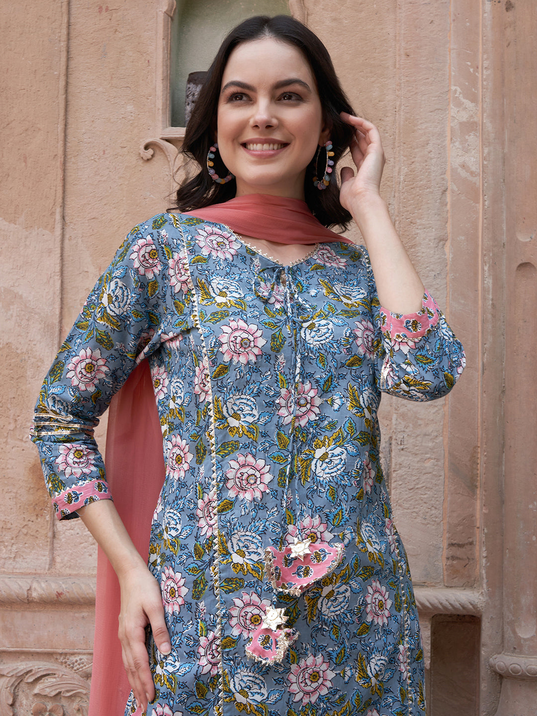 Blue Floral Gotta Patti Kurta Set – Cotton with Dupatta