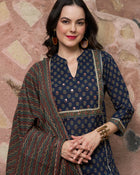 Moonlit Indigo Cotton Printed Kurta Pant with Dupatta Set Ethnic Wear for Women