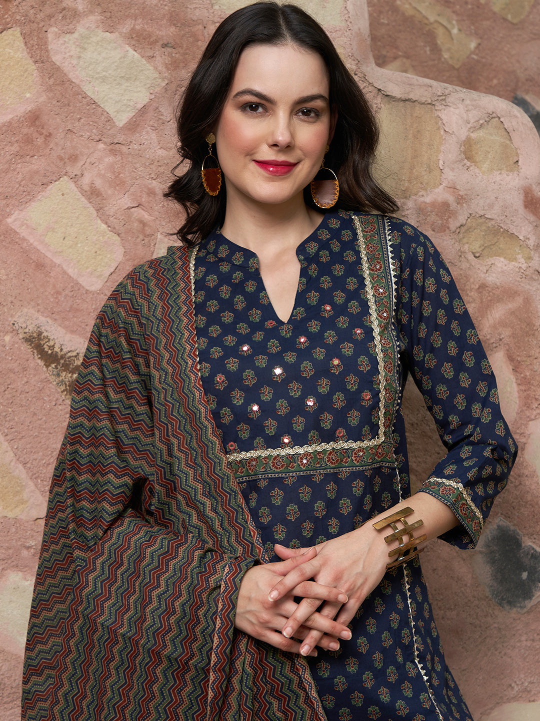 Moonlit Indigo Cotton Printed Kurta Pant with Dupatta Set Ethnic Wear for Women