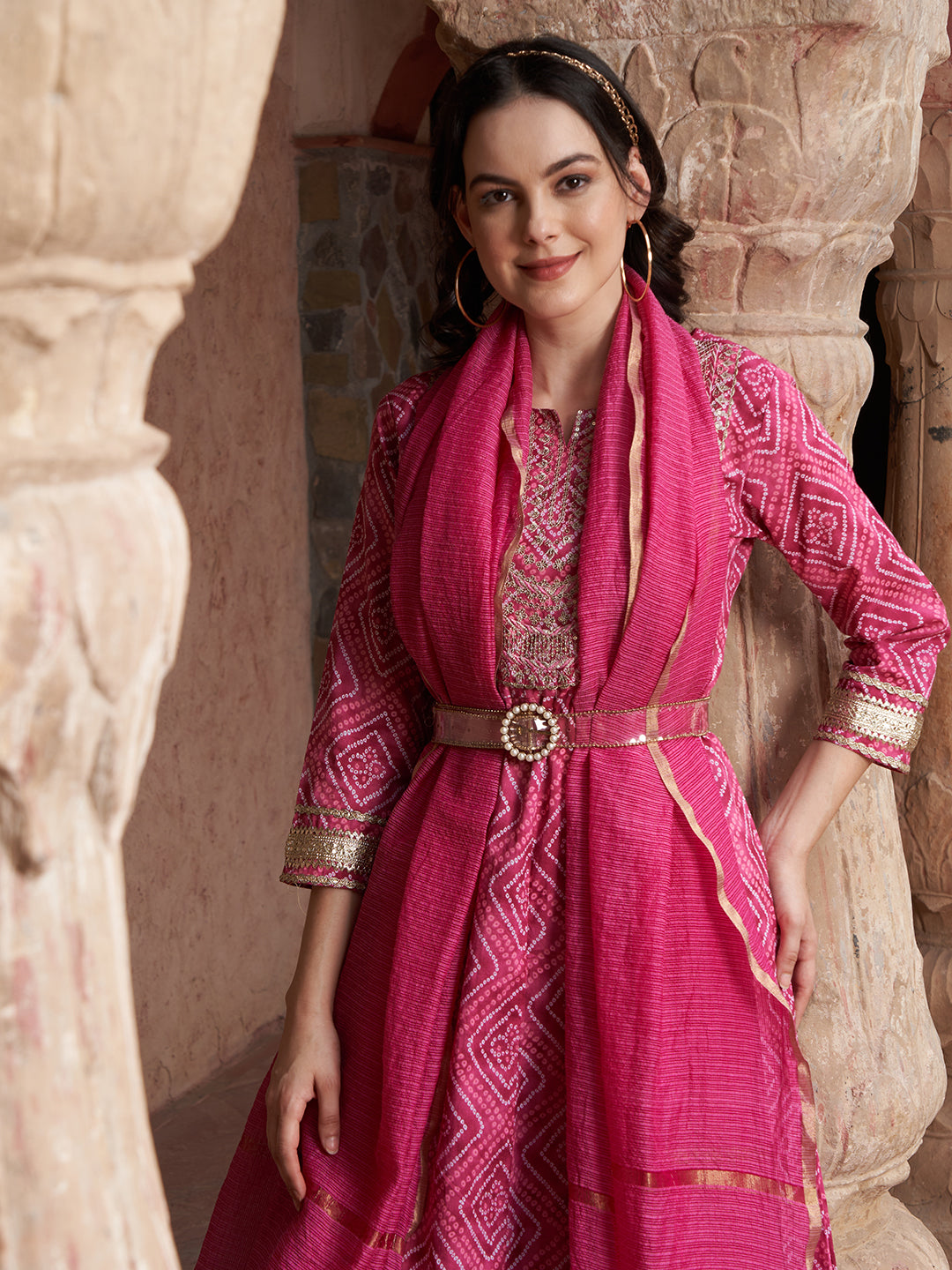 Bandhani Bloom Pink Printed Kurta Pant with Dupatta Set