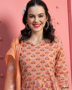 Peach Blossom Floral Printed Cotton Kurta Pant with Dupatta Set  Ethnic Wear for Women