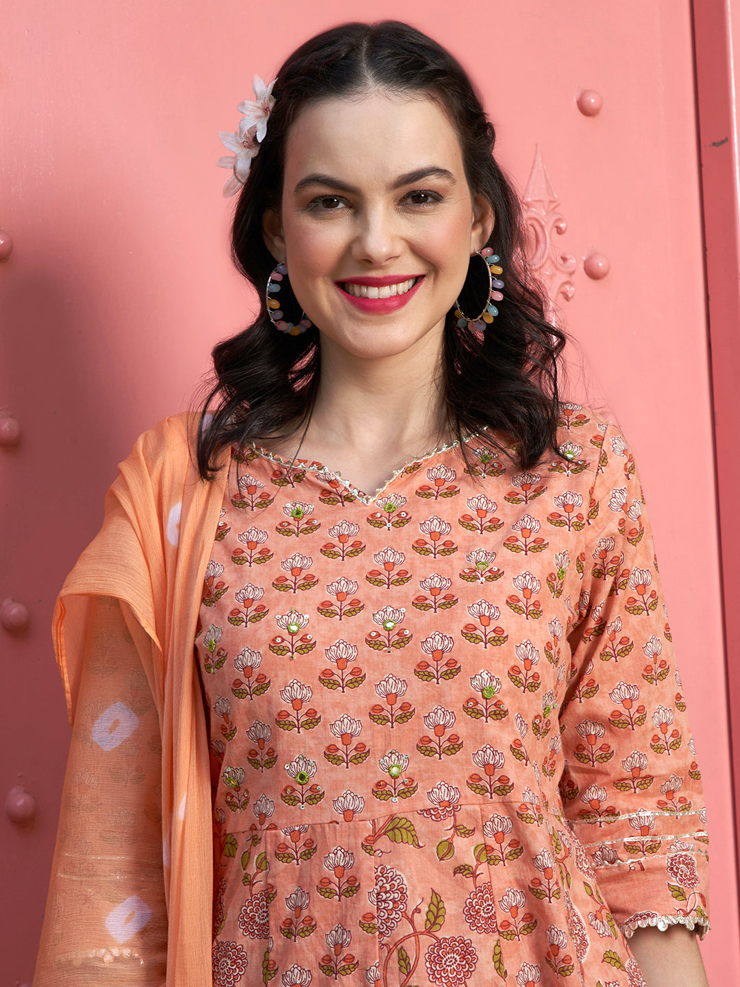 Peach Blossom Floral Printed Cotton Kurta Pant with Dupatta Set  Ethnic Wear for Women