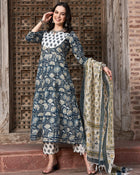 Navy Blue Floral Printed Pure Cotton Anarkali Kurta With Trouser & Dupatta