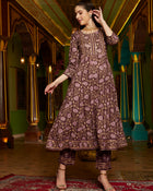 Purple Floral Printed Pure Cotton Anarkali Kurta & Trouser With Dupatta