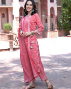 Pink Bandhani Printed Pure Cotton Angrakha Kurta With Trousers & Dupatta