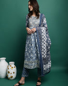 Blue Printed Thread Work Pure Cotton Empire A-Line Kurta with Trousers & Dupatta