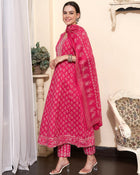 Printed & Embroidered Pure Cotton A-Line Kurta With Trouser & Dupatta