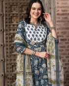Navy Blue Floral Printed Pure Cotton Anarkali Kurta With Trouser & Dupatta