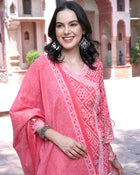 Pink Bandhani Printed Pure Cotton Angrakha Kurta With Trousers & Dupatta