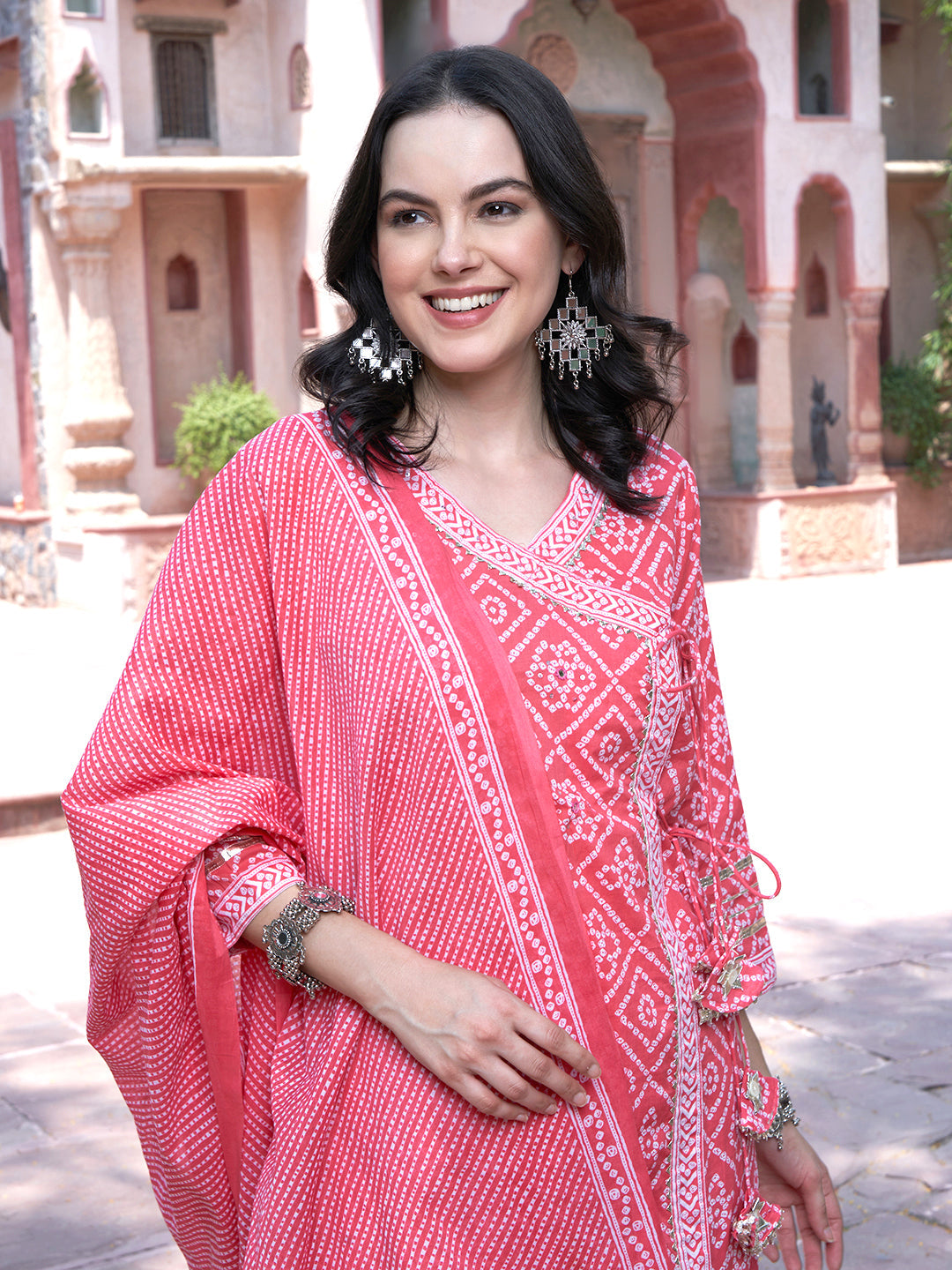 Pink Bandhani Printed Pure Cotton Angrakha Kurta With Trousers & Dupatta