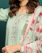 Mint Mirage Floral Embroidered Kurta & Trouser With Dupatta Set