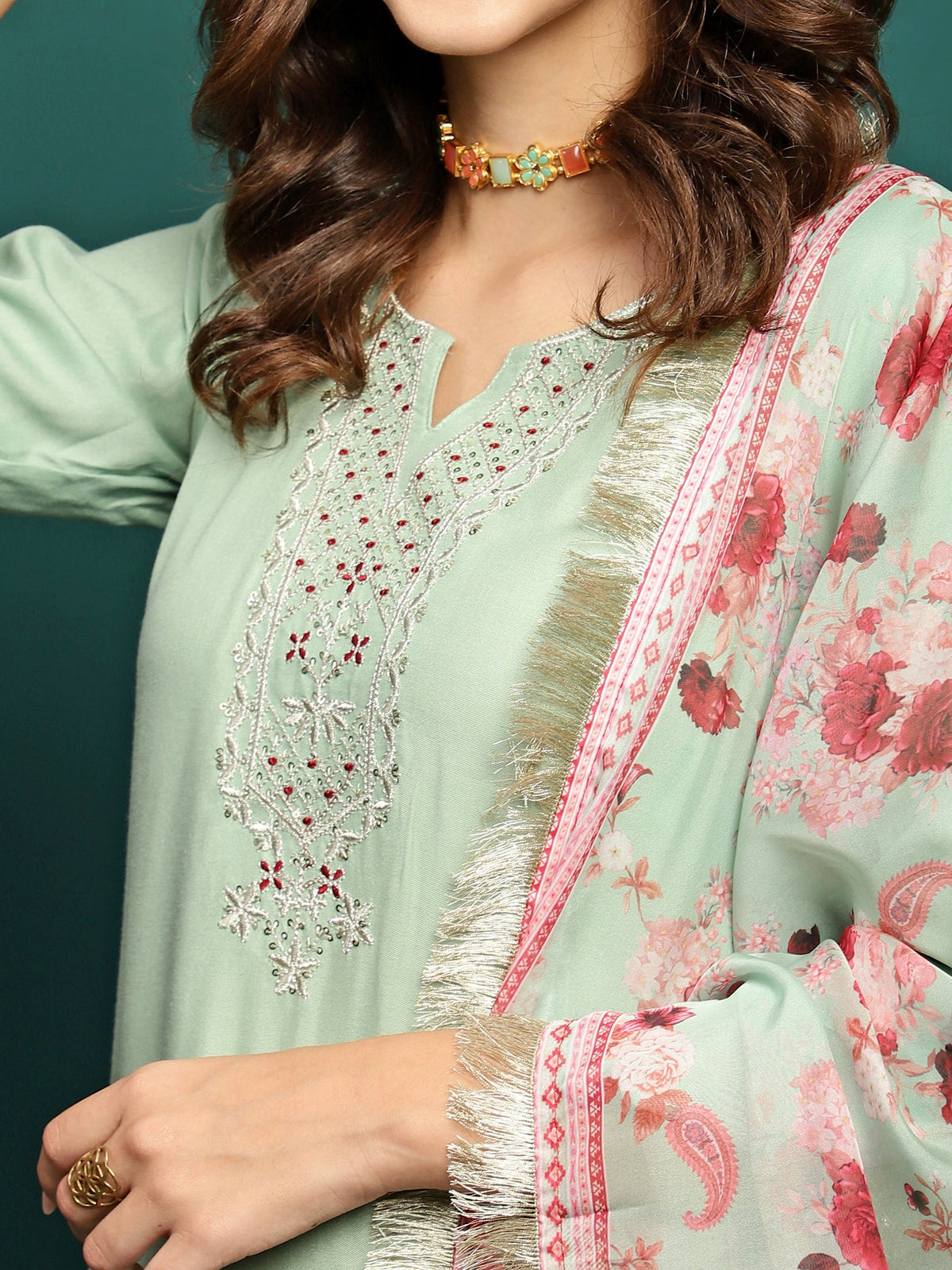 Mint Mirage Floral Embroidered Kurta & Trouser With Dupatta Set
