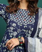 Printed Pure Cotton Anarkali Kurta With Trouser & Dupatta Set