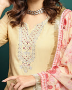 Lunar Taupe Embroidered Straight Kurta Pant with Dupatta Set