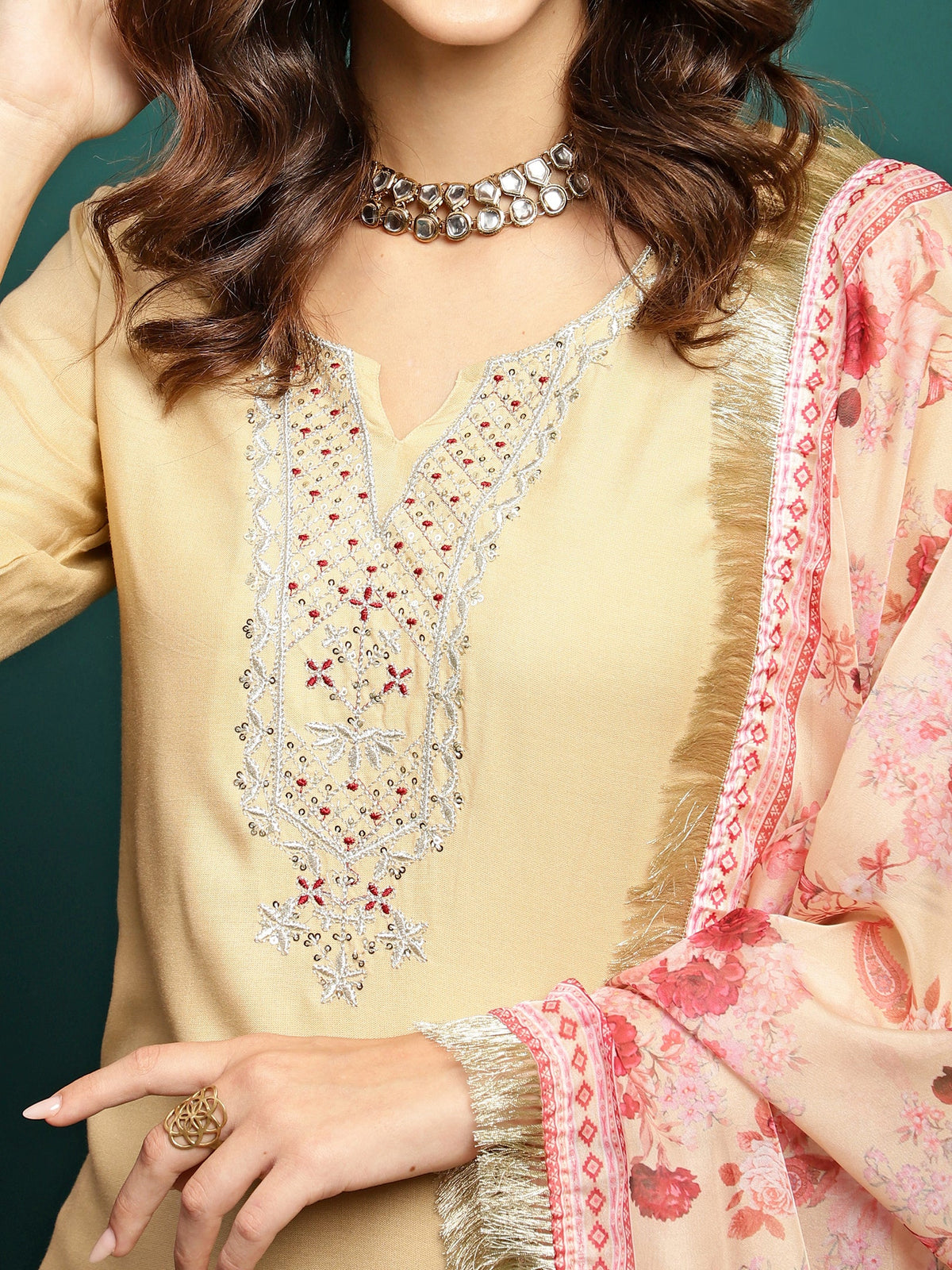 Lunar Taupe Embroidered Straight Kurta Pant with Dupatta Set
