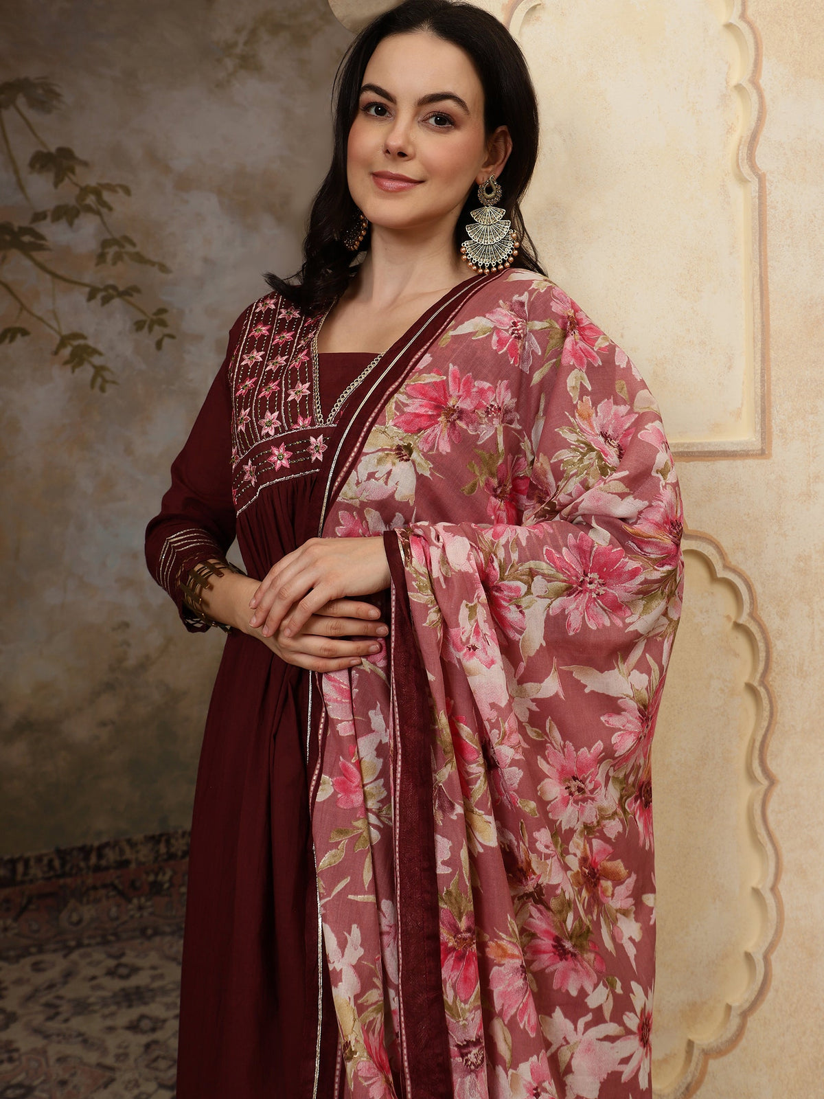 Florya Yoke Design Thread Work Pure Cotton Anarkali Kurta Set with Trousers & Dupatta