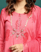 Blush Bloom Printed Pure Cotton Straight Kurta With Trouser & Dupatta Set