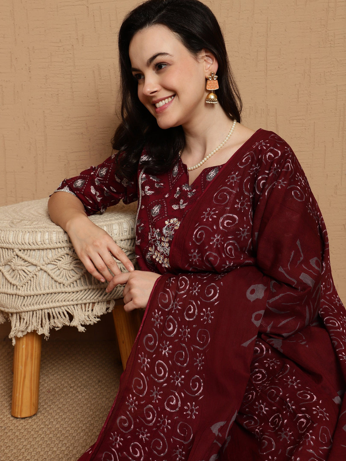 Marvi Muse Ethnic Motifs Printed Pure Cotton Kurta With Trouser & Dupatta