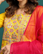 Golden Thread Embroidered Round-Neck Straight Kurta With Trousers & Dupatta