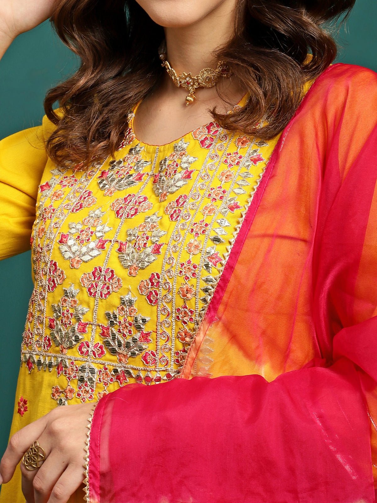 Golden Thread Embroidered Round-Neck Straight Kurta With Trousers & Dupatta
