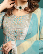 Gleam Garden Floral Printed Pleated Mirror Work A-Line Kurta With Trouser & Dupatta