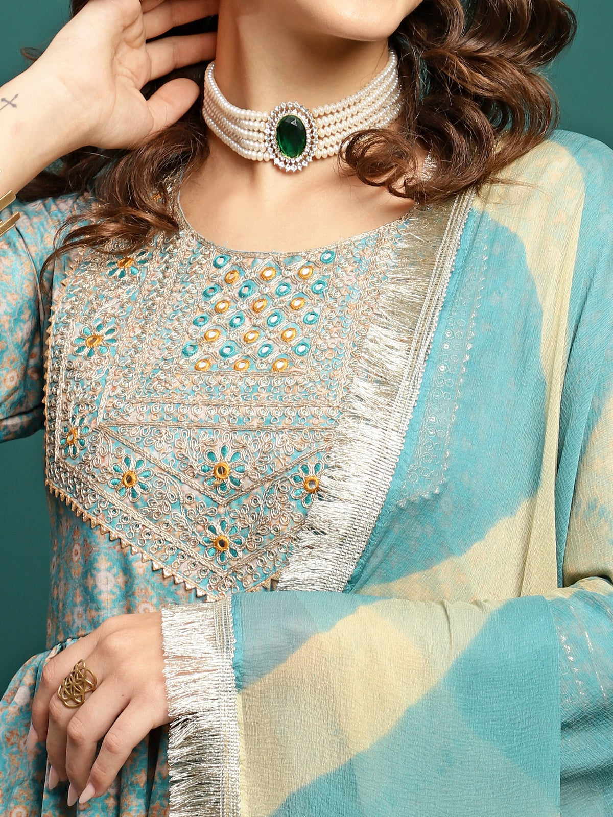 Gleam Garden Floral Printed Pleated Mirror Work A-Line Kurta With Trouser & Dupatta