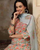 Neelika Floral Printed Blue Cotton Kurta with Trousers & Dupatta