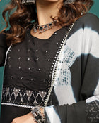 Noir Weave Geometric Yoke Pure Cotton Straight Kurta With Trouser & Dupatta