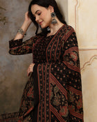 Inaya Black Floral Bead & Stone Work Cotton Anarkali Kurta Set with Dupatta