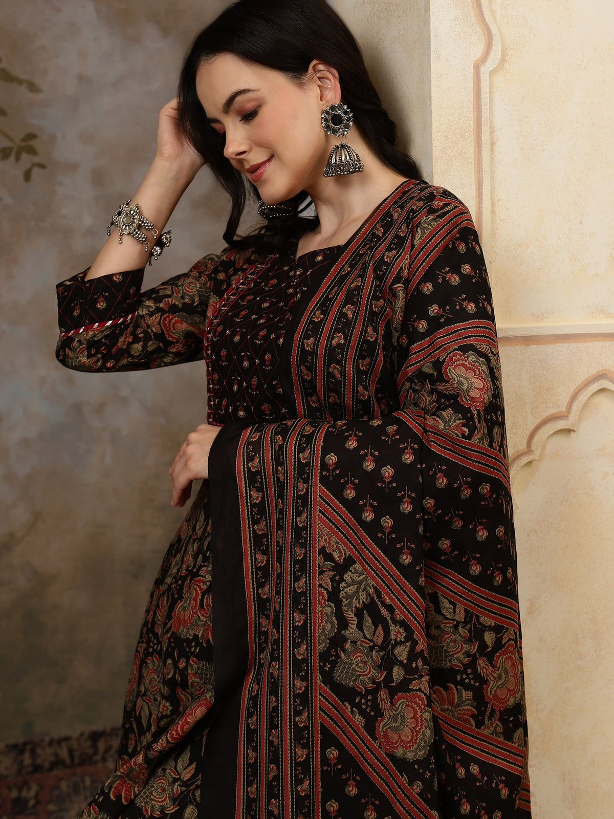 Inaya Black Floral Bead & Stone Work Cotton Anarkali Kurta Set with Dupatta