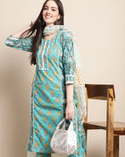 Aqua Bloom Floral Printed Kurta Pant Dupatta Set