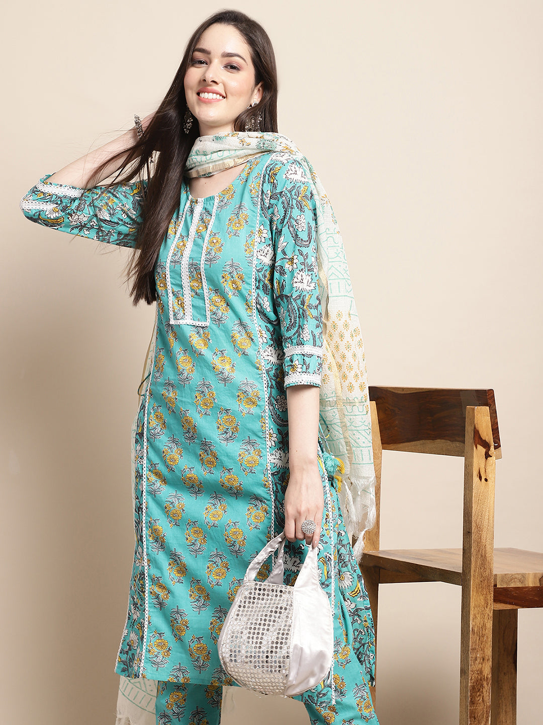 Aqua Bloom Floral Printed Kurta Pant Dupatta Set