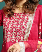 Aurora Thread Floral Embroidered Round-Neck Straight Kurta With Trousers & Dupatta