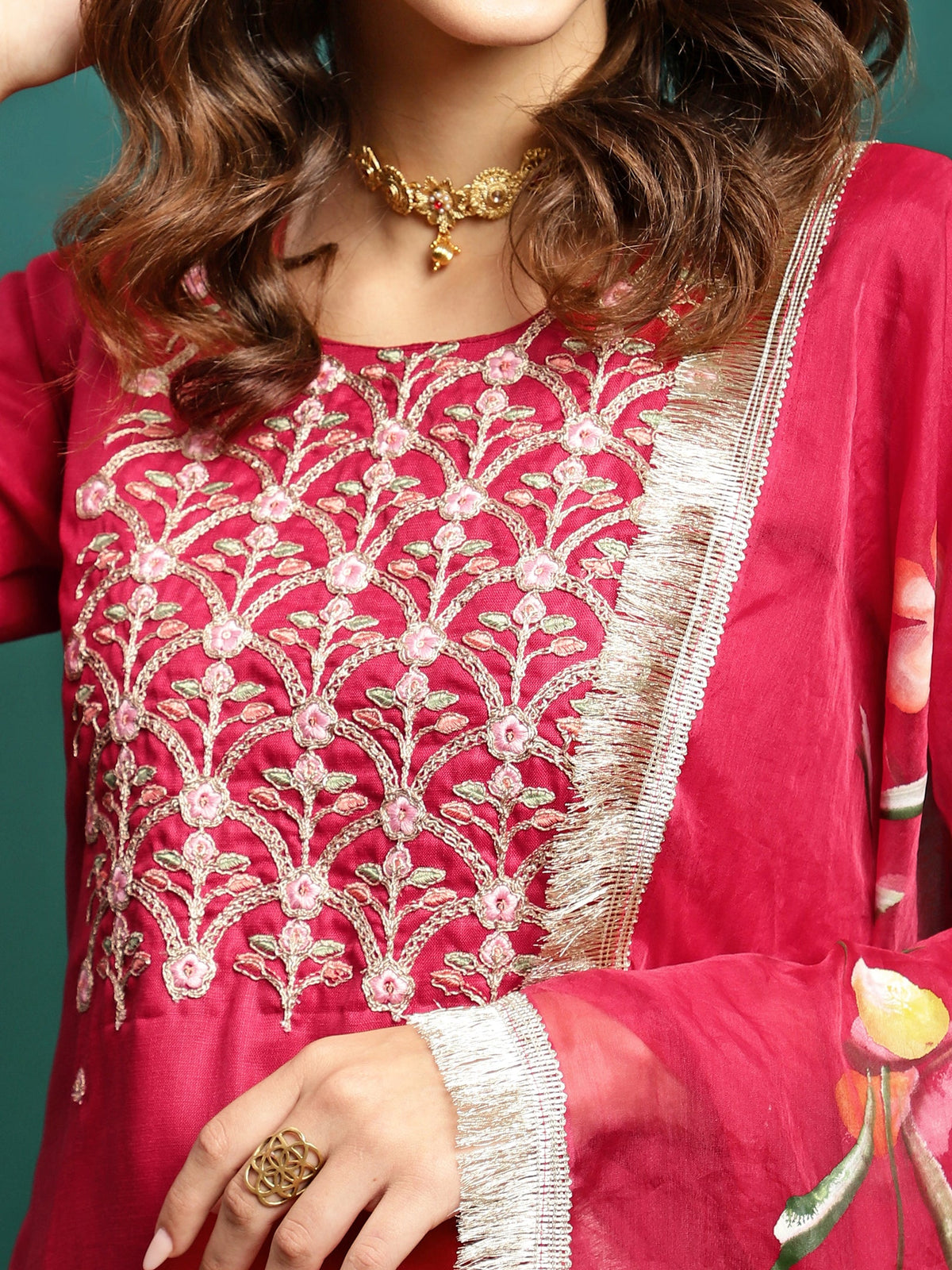 Aurora Thread Floral Embroidered Round-Neck Straight Kurta With Trousers & Dupatta